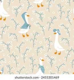 Goose vector seamless pattern. Cute cartoon characters between blooming meadow flowers in funny clothes in simple hand-drawn style. The limited vintage palette is perfect for baby prints