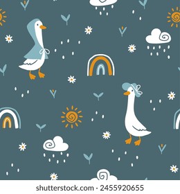 Goose vector seamless pattern. Cute cartoon characters in the rain with the rainbow and the sun in funny clothes in simple hand-drawn style. The limited vintage palette is perfect for baby prints