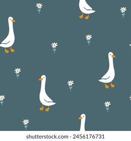 Goose vector seamless pattern. Cute cartoon characters between blooming meadow flowers in simple hand-drawn style. The limited vintage palette is perfect for baby prints