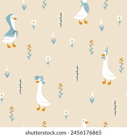 Goose vector seamless pattern. Cute cartoon characters between blooming meadow flowers in funny clothes in simple hand-drawn style. The limited vintage palette is perfect for baby prints