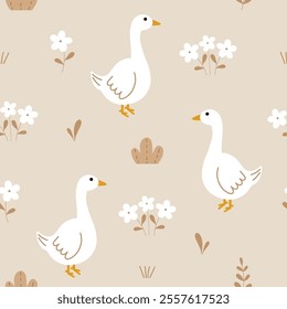 Goose vector seamless pattern with flowers for your fabric, children textile, apparel, nursery decoration, gift wrap paper. Vector illustration