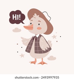 Goose in vintage clothes. Text Hello. Cute cartoon Bohemian nursery posters in beige and gray colors. Boho vector print