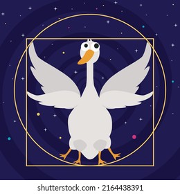 Goose Vitruvian icon. Flat illustration of Vitruviagoose vector icon for web design. The Biggest Water Bird that Can Fly. Goose with wings parody on Vitruvian man flat vector image, t-shirt design.