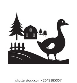 Ganso caminhando ao lado da fazenda Lagoa Silhueta Vetor Ilustração