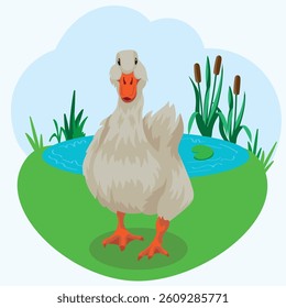 Goose walks by the pond vector in realistic style