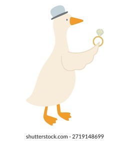 Goose wearing a blue hat presenting an engagement ring with a sparkly diamond