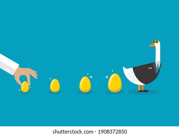 Goose wearing business suit with golden eggs. Business concept. Vector illustration