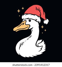 Goose wearing Christmas hat cute illustration. Funny silly goose bust portrait hand drawing for kids and children. Minimalist festive farm animal design vector for print products and t-shirts.