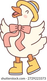 Ganso usando chapéu, arco grande e botas, sorrindo e andando em um esboço ousado de desenho animado. A moda Quirky pássaro sinaliza diversão, individualidade, groove e charme retrô. Ilustração de vetor de desenhos animados.