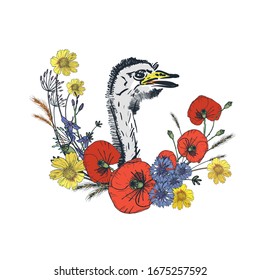 Goose with wild flowers. Doodle