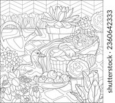 A goose in the yard, flowers, apples, a watering can for flowers. 
Coloring book for adults, black and white vector illustration. Line art. sstkEaster