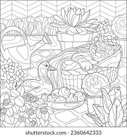 A goose in the yard, flowers, apples, a watering can for flowers. 
Coloring book for adults, black and white vector illustration. Line art. sstkEaster