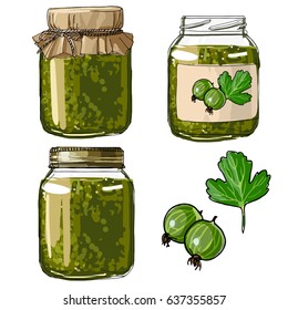 Gooseberries jam. Set jars for jam. Black line on a white background. Vector skech food