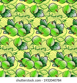 Gooseberries with leaves. Seamless pattern 