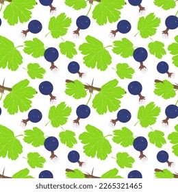 Gooseberries seamless pattern on white background. Gooseberries branch with berries and green leaves in flat style illustration. vector illustration