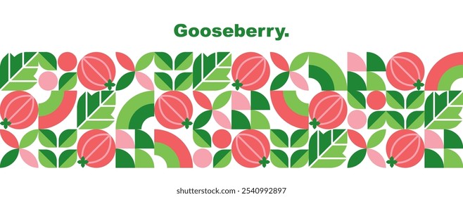 Gooseberry. Abstract geometric design. Set of icons in flat style. Simple elements isolated on a white background. Seamless pattern, border. Organic food. Leaves and berries. Vector illustration.