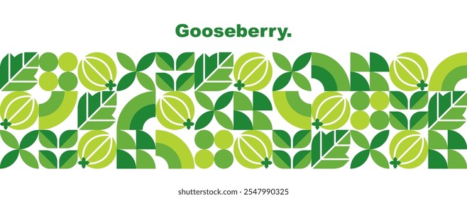 Gooseberry. Abstract geometric design. Set of icons in flat style. Simple elements isolated on a white background. Seamless pattern, border. Organic food. Leaves and berries. Vector illustration.