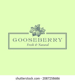 Gooseberry Abstract Vector Sign, Symbol or Logo Template. Hand Drawn Berries Sillhouette Sketch with Elegant Retro Typography and Frame. Vintage Luxury Emblem. Isolated