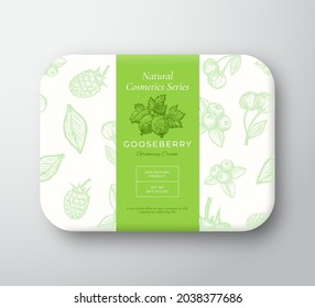 Gooseberry Bath Cosmetics Package Box. Abstract Vector Wrapped Paper Container with Label Cover. Packaging Design. Modern Typography and Hand Drawn Berries Background Pattern Layout. Isolated.