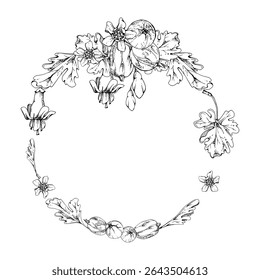 Gooseberry sino flor brotos folhas, amoras de jardim maduro grinalda mão desenhada em tinta vetorial. Casca de groselha huckleberry jostaberry Ilustração isolada de quadro circular. Artigos de papelaria de casamento, loja de floristas