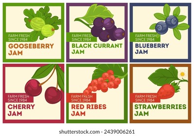 Grosella y grosella negra, arándanos y cerezas, costillas rojas y logotipos de mermelada de fresas. Dulzura orgánica y natural. Etiqueta del producto o logotipo, etiqueta o emblema para el paquete. Vector en estilo plano