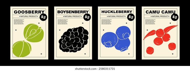 Gooseberry, boysenberry, huckleberry, camu camu. Set of posters of vegetables in a abstract draw design. Label or poster, price tag. Patterns and backgrounds. Perfect for poster, cover, banner.