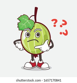 Gooseberry cartoon mascot character in a confused gesture