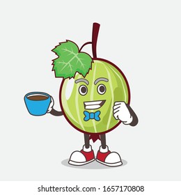 Gooseberry cartoon mascot character with a cup of coffee