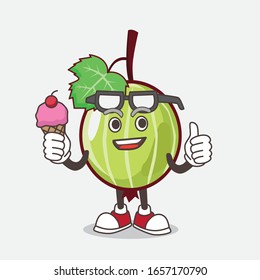 Gooseberry cartoon mascot character eating an ice cream