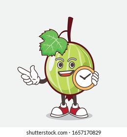 Gooseberry cartoon mascot character holding a clock