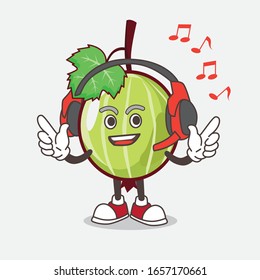 Gooseberry cartoon mascot character Listening music on a headset