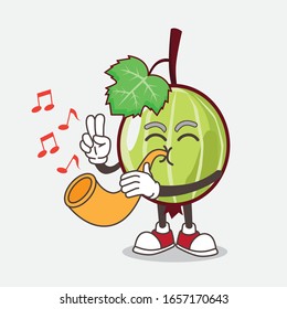 Gooseberry cartoon mascot character playing music with trumpet