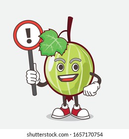 Gooseberry cartoon mascot character rise up a warning sign