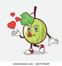 Gooseberry cartoon mascot character teasing with heart kiss
