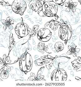 Gooseberry Currant berries flying in water splash with flowers leaves, ice cubes dew drops, ripe garden juneberry casseille. Isolated seamless pattern hand drawn in vector ink. Craft drinks, grocery
