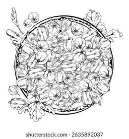 Gooseberry Currant berries leaves on ceramic dish, hand drawn in vector ink, ripe picked harvest, lingonberry huckleberry. Isolated illustration. Restaurant cafe menu, cookbook, farmers market grocery