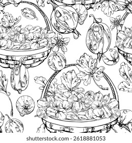 Gooseberry Currant in weaved basket with leaves, hand drawn in vector ink, scattered ripe picked berry harvest. Isolated seamless pattern. Dessert cafe menu, cookbook, craft farmers market, gardening