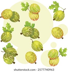 gooseberry flat vector illustration logo icon clipart. Seamless pattern with gooseberry on white background. Vector illustration of branch with berries and green leaves in cartoon.
