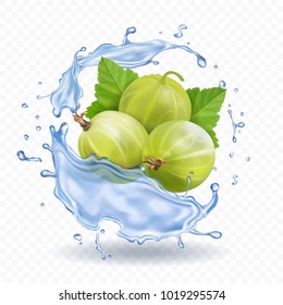 Gooseberry fruit in water splash with leaves. juice or jam label realistic