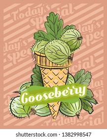 Gooseberry ice cream scoop in cone. Vector sketch illustration. Fruit ice cream idea, concept