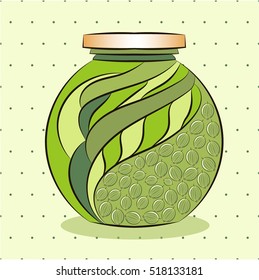 Gooseberry jam can. Sweet delicious am in the glass colored can on the polka dots bright green background.