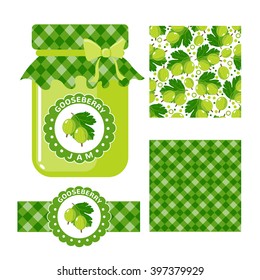 Gooseberry jam collection. Set of paper labels and seamless patterns Gingham, Gooseberry on white background. Design for package, wrapping paper textile or wallpaper. Vector illustration