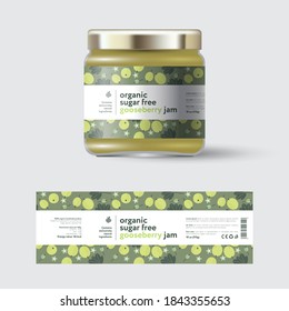 Gooseberry Jam label and packaging. Jar with cap with label. White strip with text and on seamless pattern with berries, flowers and leaves.