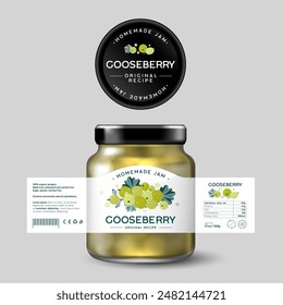 Gooseberry Jam. Sweet food. Design of label with flat illustration and texts. Mockup of Glass Jar with Label.