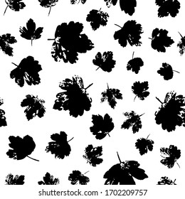 Gooseberry leaves black ink prints seamless pattern. Repeating texture of foliage imprints. Nature plant decoration for fabric design, wrapping paper or any other backdrop. EPS8 vector illustration.