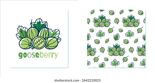 Gooseberry with leaves on a white background. Endless pattern with gooseberries in doodle style. Hand drawn vector illustration