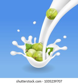 Gooseberry in milk flow or yogurt splash realisitc 3d illustration