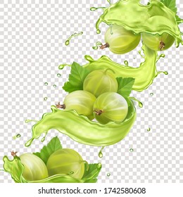 Gooseberry in reaalistic green juice splash. Sweet berry vector.