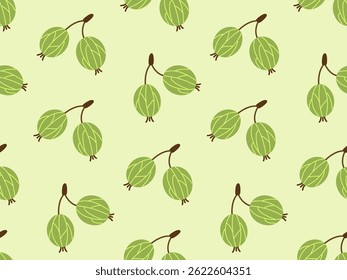Gooseberry seamless pattern. Branches with green berries. Cute vector colorful background.