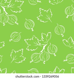 Gooseberry seamless pattern on green background. Vector simple illustration with berries and leaves.